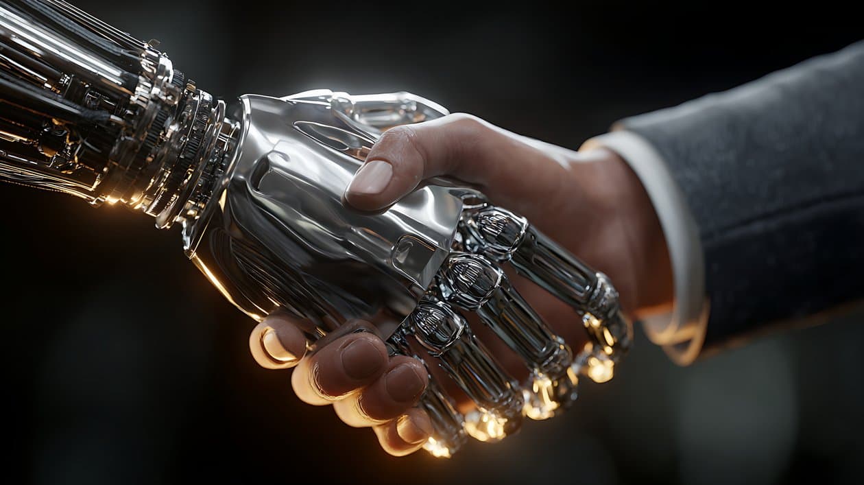 A human hand shaking a robotic hand